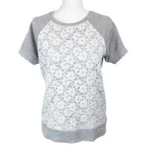 MICHAEL Michael Kors Gray White Lace Floral Front Raglan Short Sleeve Top MEDIUM